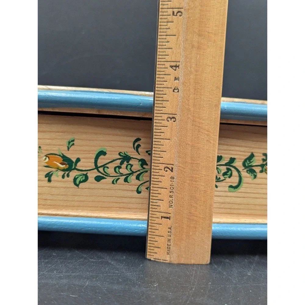 VTG Tole Paint Folk Art Wooden Music Jewelry Box Red Felt Lined 8.5 x 5 x 3.5